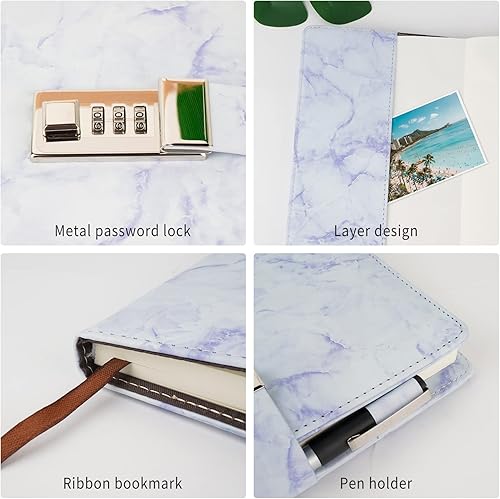 Miniatura 8 de Mousbull Diario de mármol con cerradura y bolígrafo, diario A5 recargable para niñas y mujeres, 192 páginas, bonito cuaderno con cerradura de