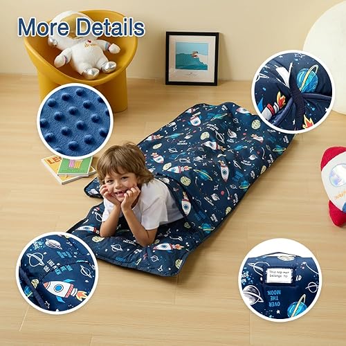Miniatura 2 de beeweed Tapete para siesta para niños pequeños, diseño enrollable, con almohada extraíble y manta Minky, saco de dormir para guardería, preescolar,