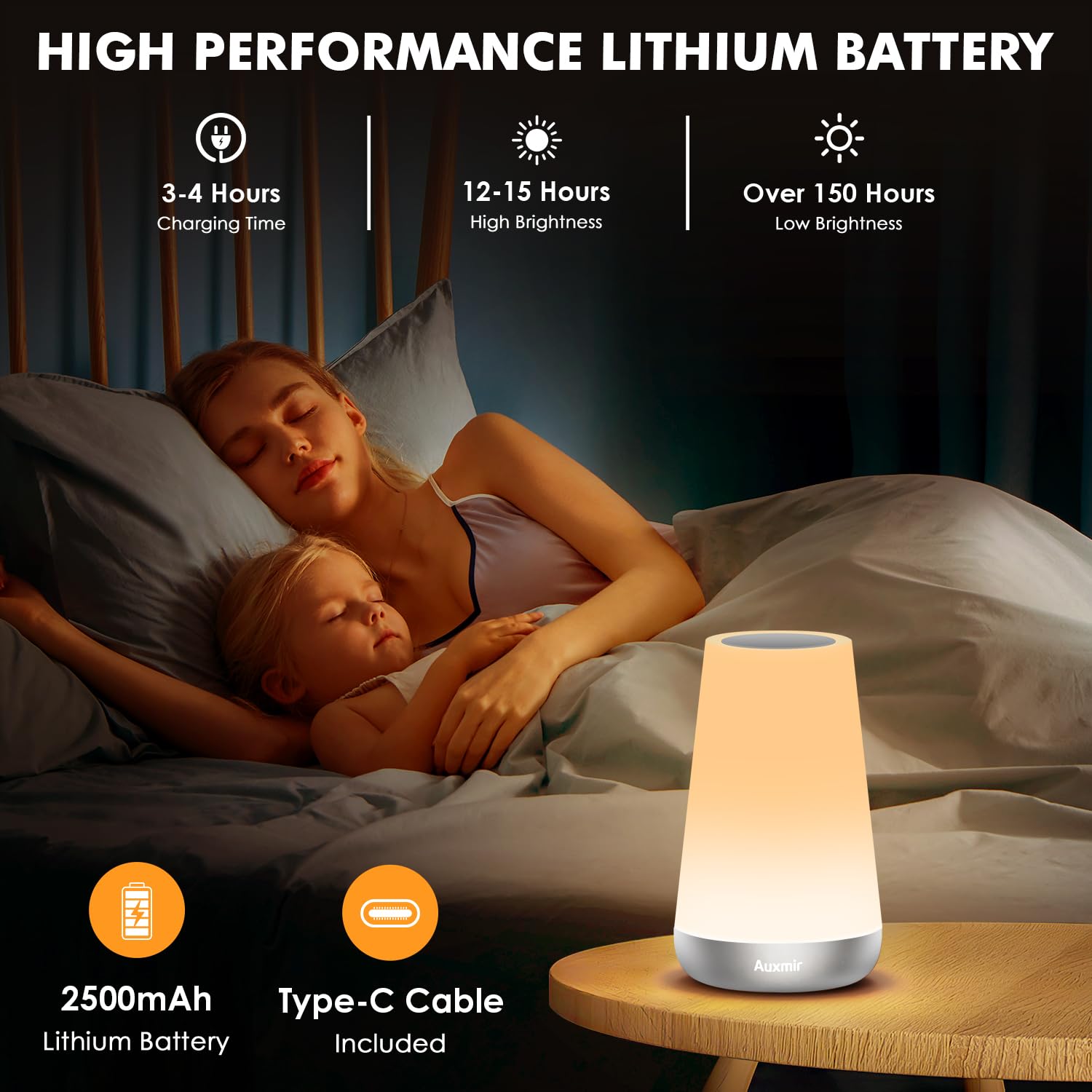 Auxmir Luce Notturna Bambini, Lampada da Comodino, Lampada LED Colorata con 13 Colori, Luminosità Regolabile, 3 Modi d’Illuminazione, Touch e Telecomando, Batteria Ricaricabile, Argento