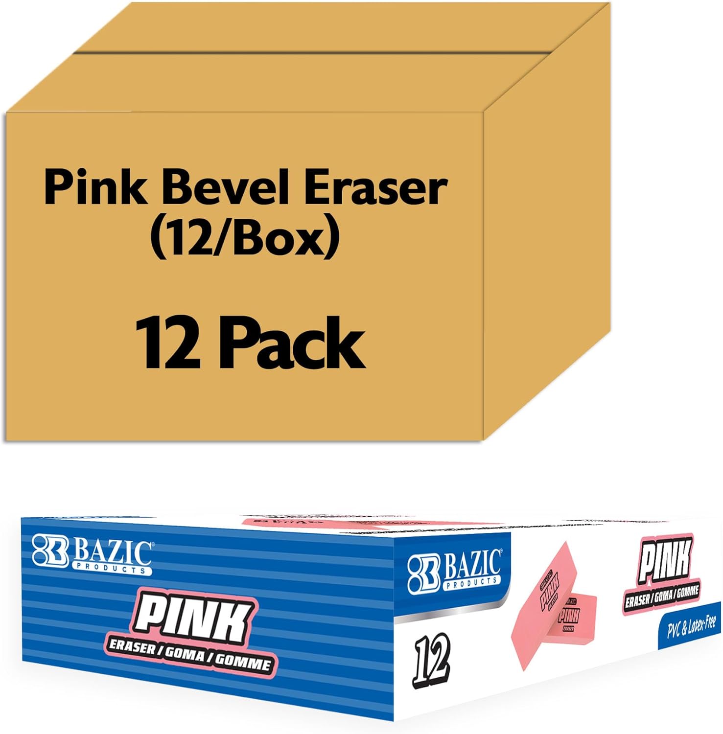 BAZIC Products Pink Eraser, Latex Free Bevel Block Erasers, Large Size for Classroom, Office, and Art Use, Smooth Pencil Correction for Writing, Sketching, & Daily Tasks, 12/Pack, 12-Pack