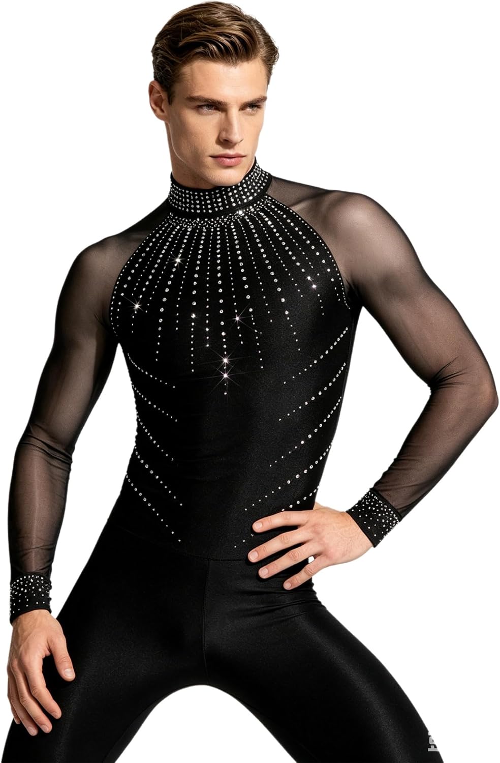Men Long Sleeve Rhinestones Figure Skating Bodysuit Gymnastics Leotards Ballet Dance Unitard