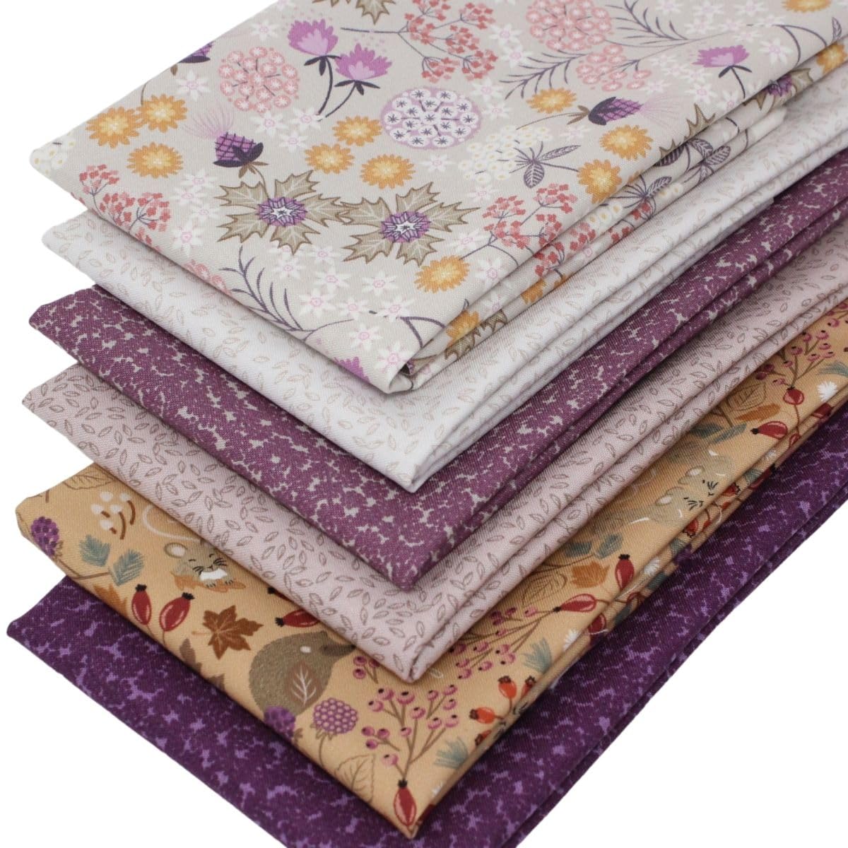 Overdale Fabrics Mauve, Purple, Cream, Beige 6 Fat Quarters Bundle - 'Autumn Hedgerow' Beautiful Floral And Textured Fabrics In Mauve, Cream & Beige 100% Cotton For Quilting, Patchwork & Crafting (With Free Patchwork Pattern By Overdale Fabrics)