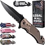 Legal Pocket Knife Coyote Tan - 2.95 Sharp Serrated Edge Blade - Multi Tool with Seatbelt Cutter, Glass Breaker & Clip - Cool Folding Knives for EDC Camping Fishing - Birthday Gifts for Men 6680 T