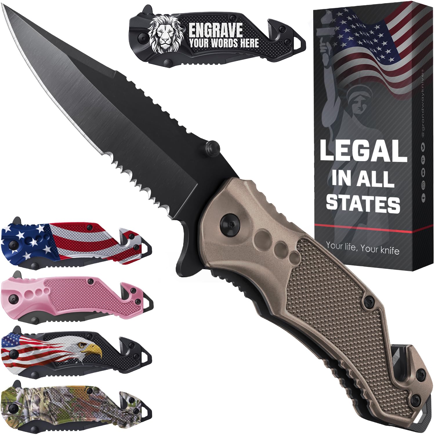 GOOD WORKER Legal Pocket Knife with 2.95” Serrated Blade, Glass Breaker, Seat Belt Cutter - EDC Sharp Folding Knives with Portable Clip - Small Tool for Tactical Camping Survival Hiking - Gifts for Men, Women