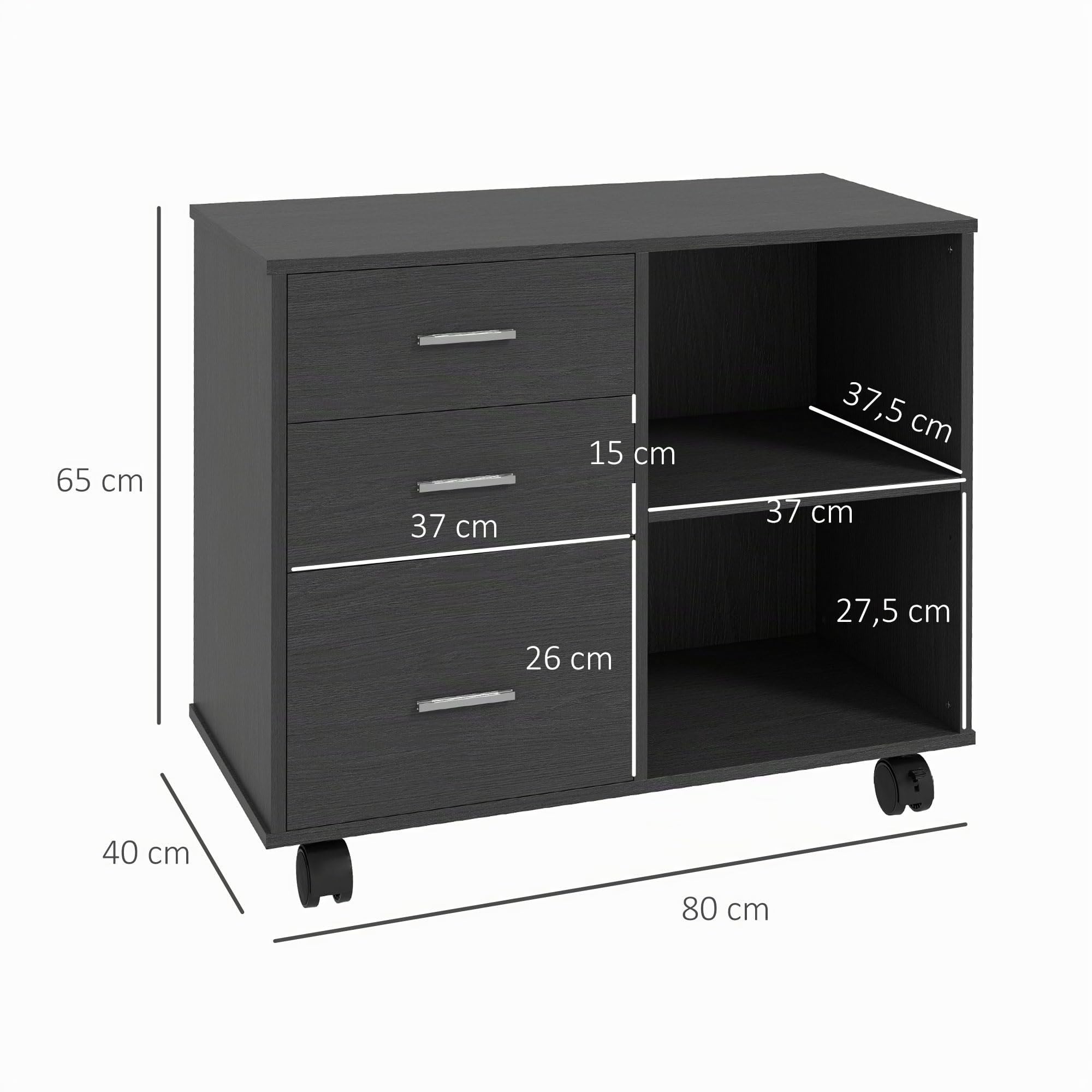 HOMCOM Support d'imprimante Organiseur Bureau Caisson 3 tiroirs + 2 niches + Grand Plateau Panneaux Particules Noir