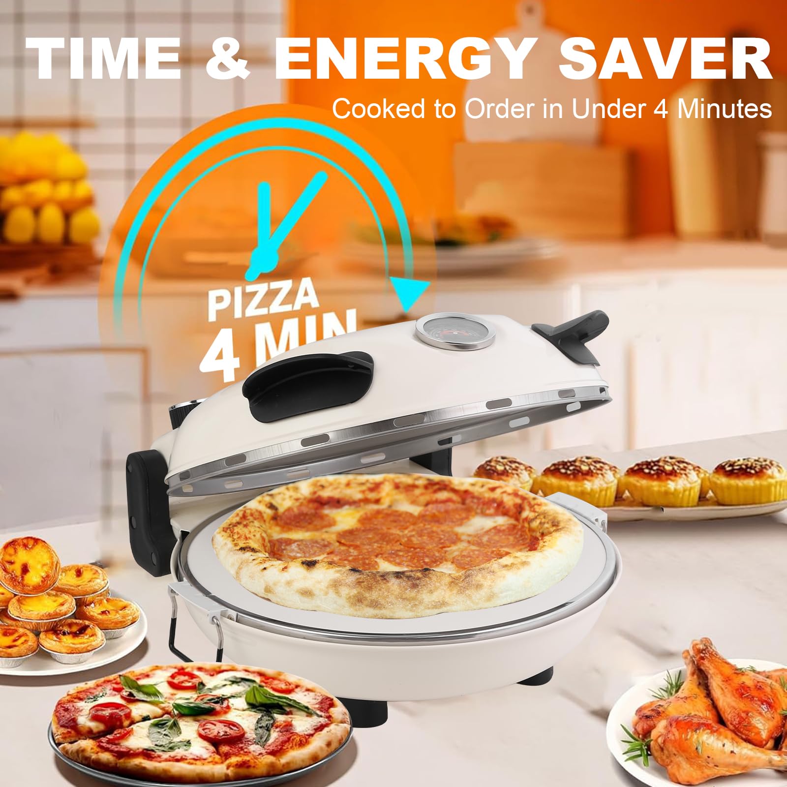 Electric Pizza Maker, 12 Inch Countertop Pizza Oven with Pizza Stone, 1200W Indoor Italian Style Pizza Cooker, Dual Heating with Independent Temperature Control, Heats Up to 800°F, White - Detailed View