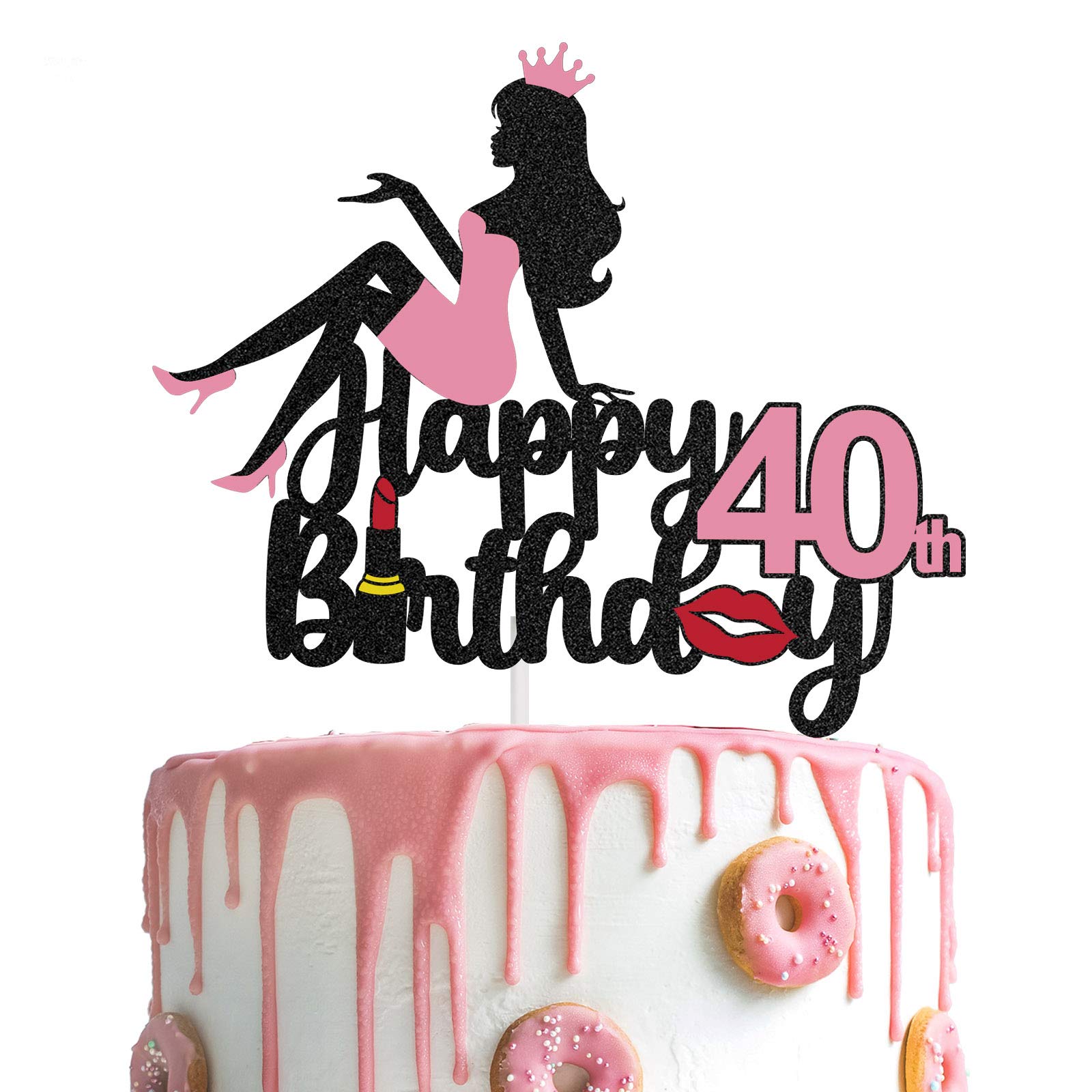 LINGTEER Happy 40th Birthday Crown Queen Lady Thick Paper Cake Topper,Cheers to 40th Years Old Forty Bday Party Cake Decorations Sign.- Pink