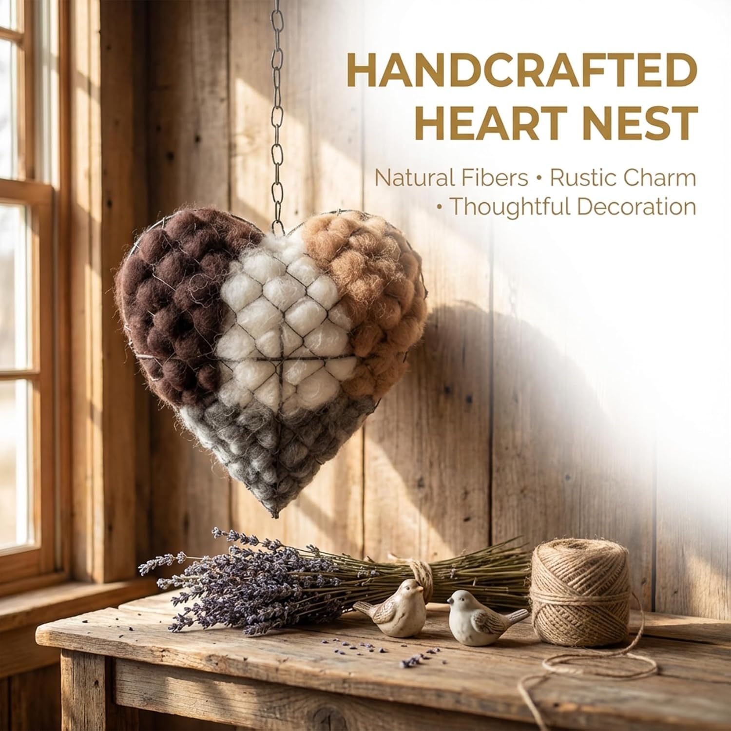 Handmade Alpaca Fiber Bird Nesting Heart, Refillable Hummingbird Nest Holder with Natural Nesting Material, Heart Shape Bird Haven for Garden Yard, Winter Gift for Wild Bird Lovers (2Set)
