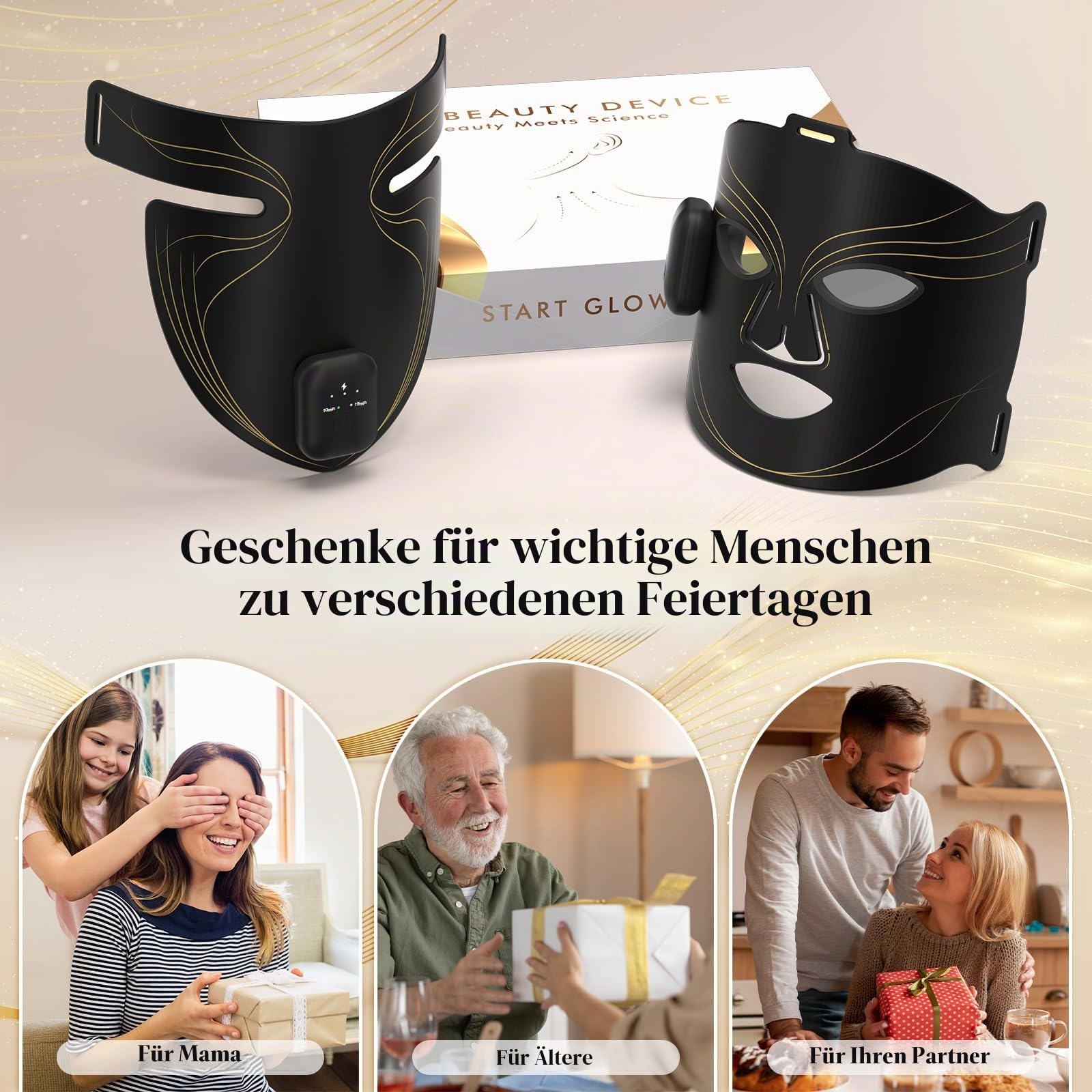 Kabellose LED Maske Gesicht Set, Silikon Rotlicht Maske Gesicht mit 2 Modi, 660nm Rotlicht, 850nm Infrarot, 415nm Blaulicht, 10/15Min Timer, Gesichts&Halsmaske, Red Light Mask Geschenke für Frauen