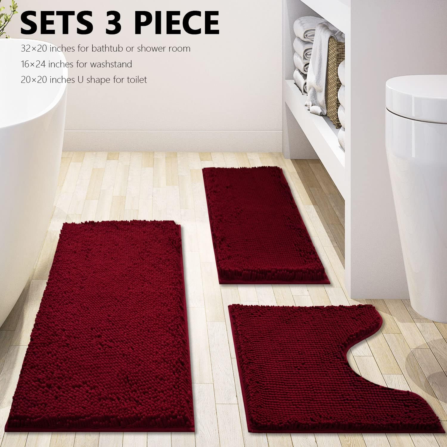 Bathroom Rugs Chenille 3-Piece Extra Soft and Absorbent Shag Bathroom Rugs, Machine Wash Mat, Strong PVC Non-Slip Underside, Plush Carpet Mats (Burgundy) - Image 3