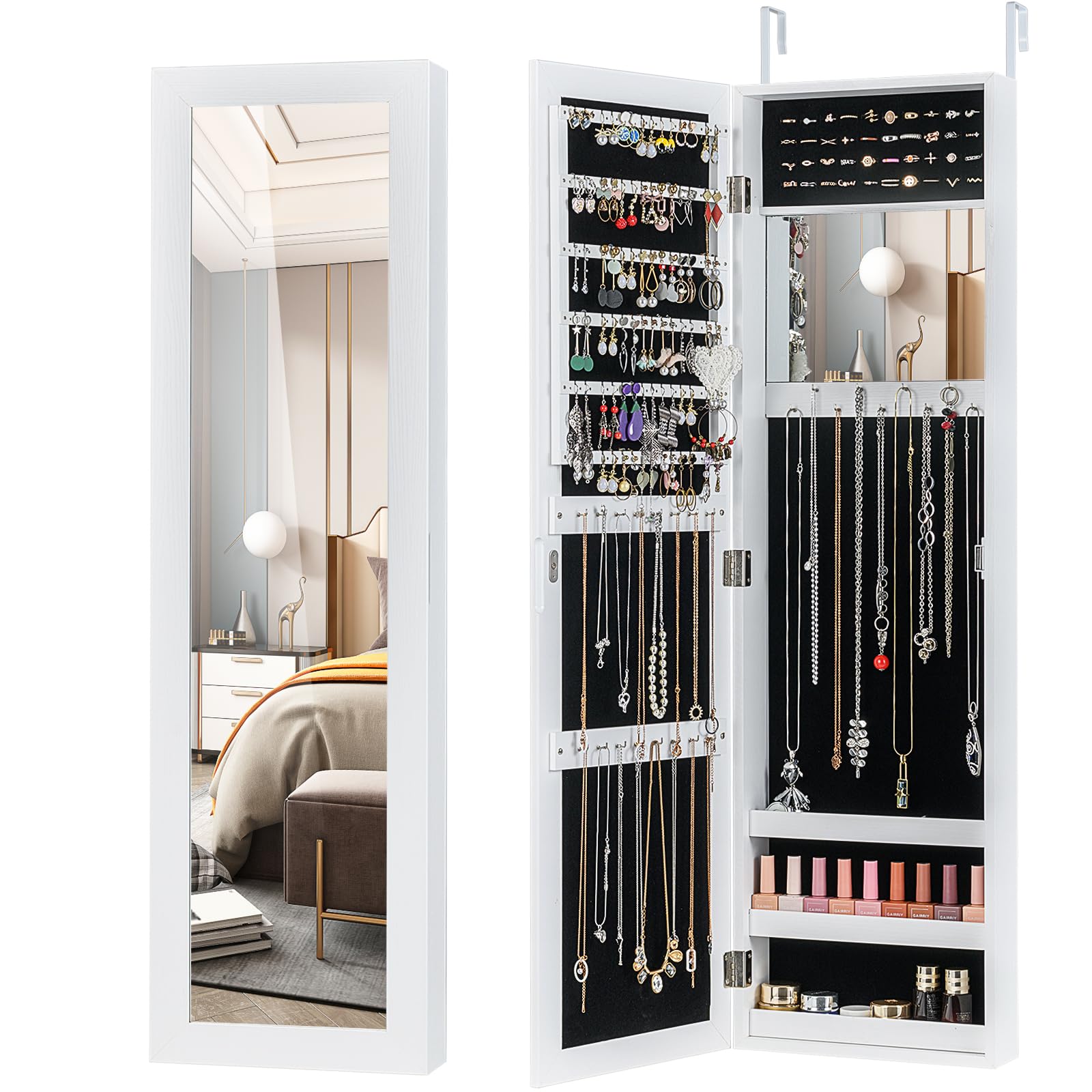 GOPLUS Armoire à Bijoux Mural avec Miroir et 3 Niveaux d’Étagère Intégrée, Armoire de Rangement Cosmétiques Accrochée à la Porte avec Divers Compartiments, Convient pour Salon,Chambre (Blanc)