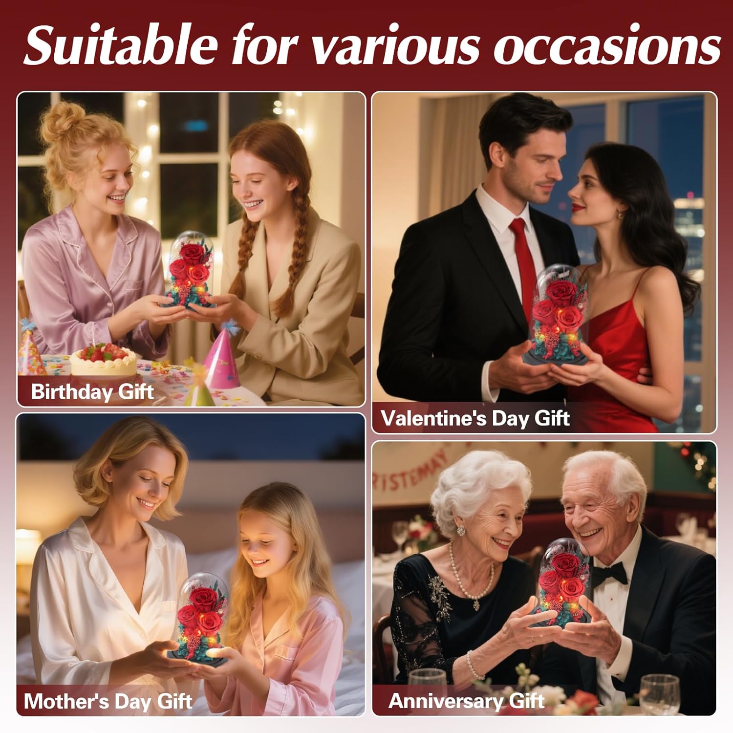 Preserved Roses Flowers for Delivery, Vanlentines Day Gifts for Her, Red Forever Flores in Glass Dome for Wife Girlfriend Grandma, Rose Anniversary Birthday Gift for Mothers Day Christmas - Image 5