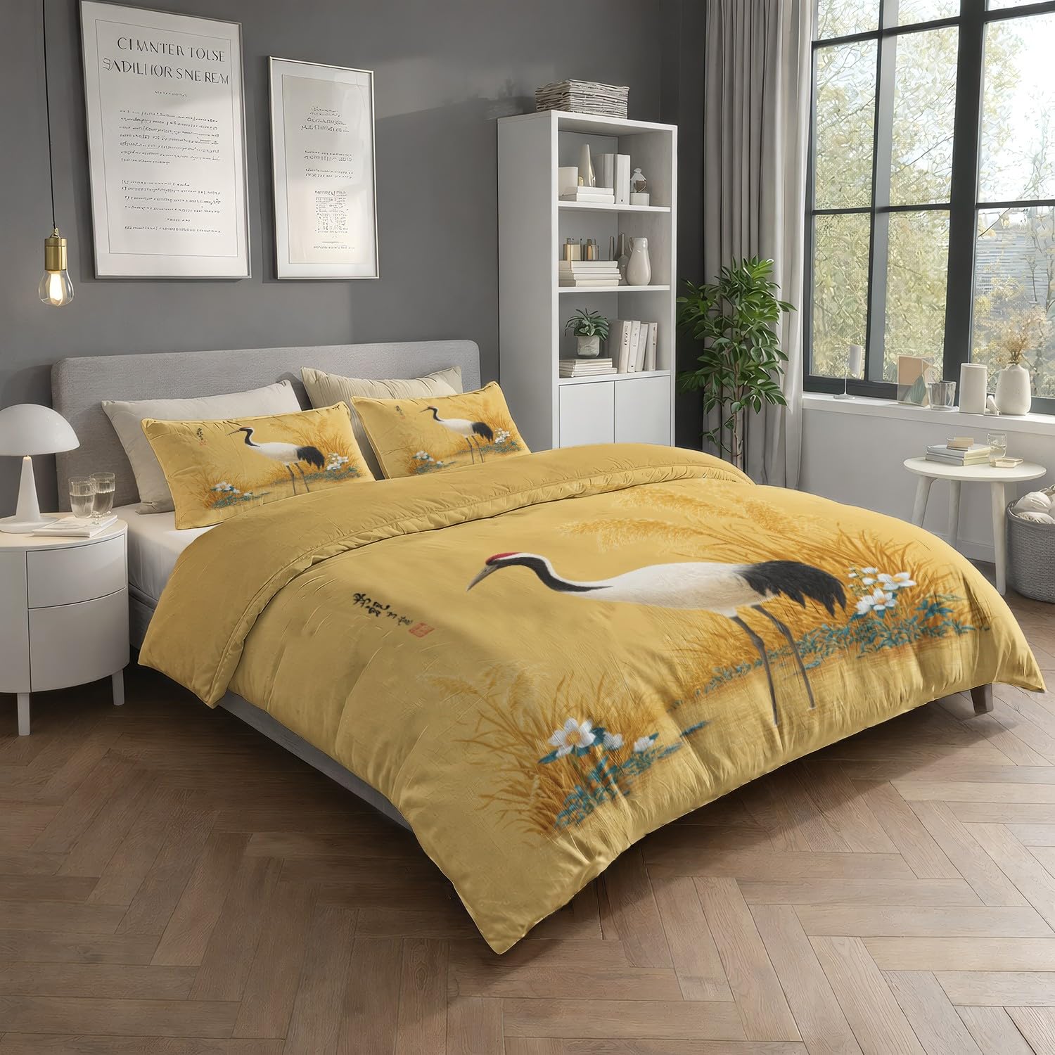 Ogólny zestaw pościeli z mikrofibry z zamkiem błyskawicznym, malarstwo tuszowe, ptak, żółta, wys. 180 x szer. 200 cm z 2 poszewkami na poduszkę 80 x 80 cm, poszewka na poduszkę, miękka, oddychająca