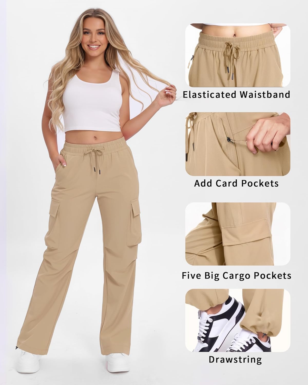 Womens Parachute Cargo Pants with 6 Pockets High Waisted Quick Dry Water-Resistant Baggy Y2K Casual Drawstring Pants - Image 3