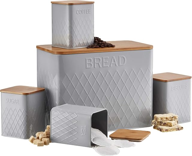 Cooks Professional 5 Piece Kitchen Set with Bamboo Lids Storage Containers for Tea, Coffee, Sugar, Biscuits & Bread with Diamond Pattern (Grey)