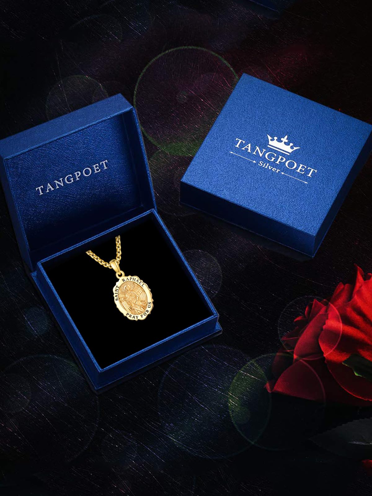 TANGPOET Heiliger Medaille Amulett Halskette für Damen Herren 925 Sterling Silber Schutz Anhänger Kette Schmuck