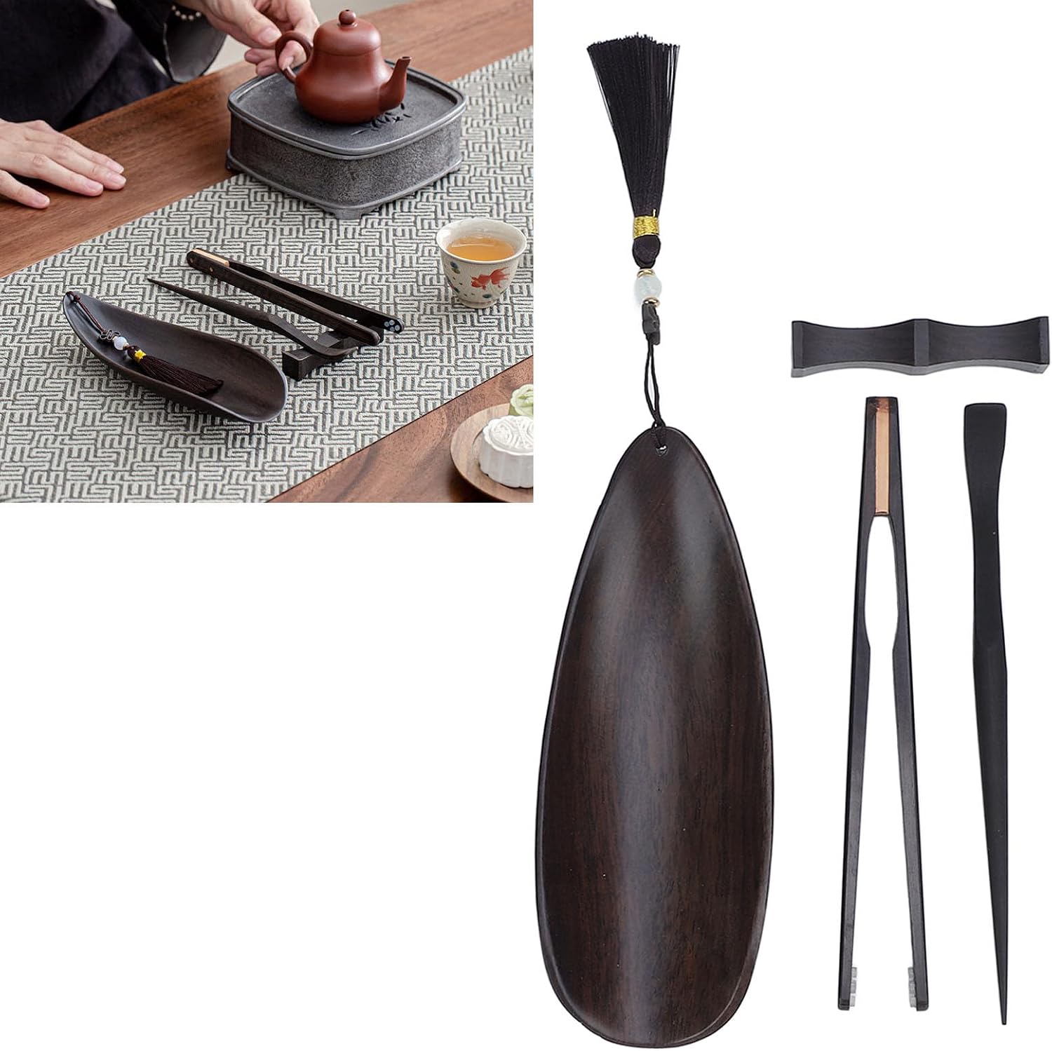 Tea Ceremony Utensil Set, 4Pc Blackwood Tea Tools with Scoop, Spoon, Clips & Stand, Elegant Chinese Accessories for Gongfu, Safe & Smooth Finish