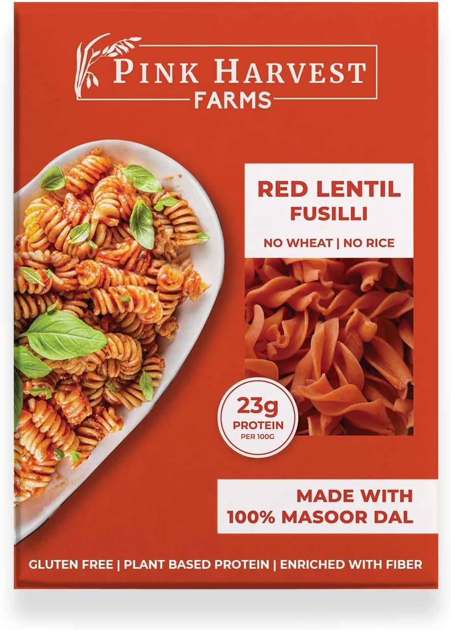 Pink Harvest Farms Red Lentil Pasta | No Rice - No Maida | Vegan | Gluten Free | High Protein | (Red Lentil Fusilli Pasta, 200 g (Pack of 1))