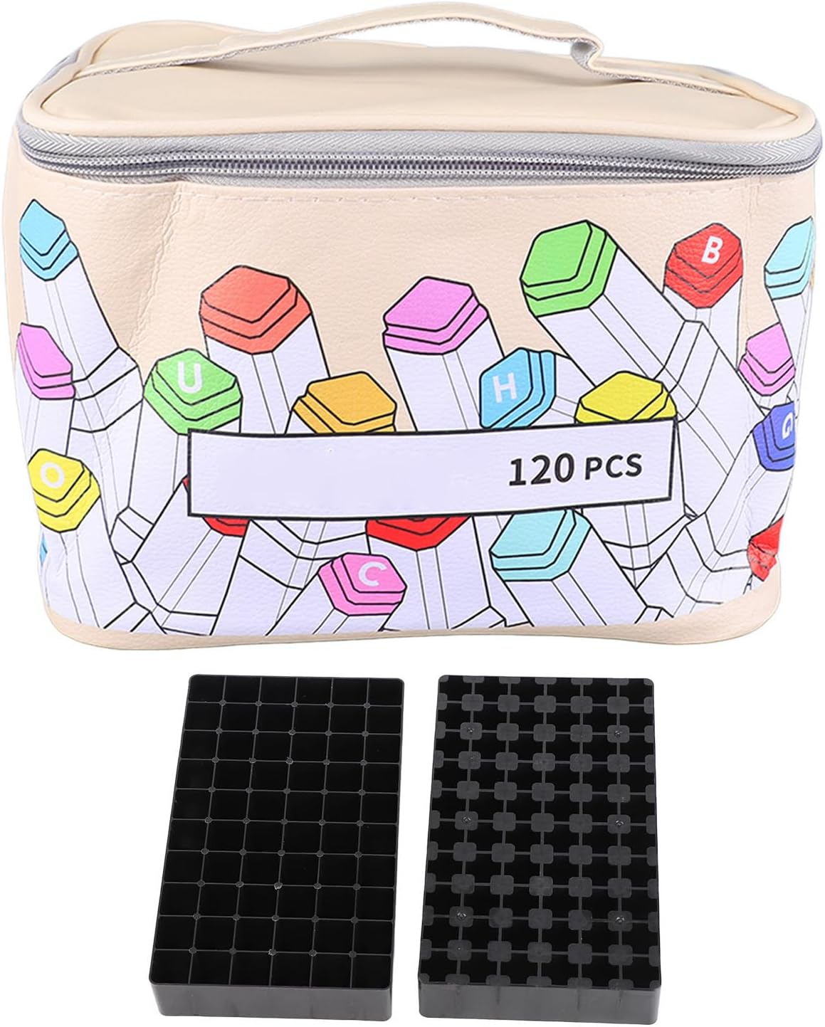 Fockety 120 Slot Marker Case, PU Leather Holder with Large Opening, Zipper, Carry Handle, Multi-Purpose Art Pens Pencils Lipstick Mascara Storage