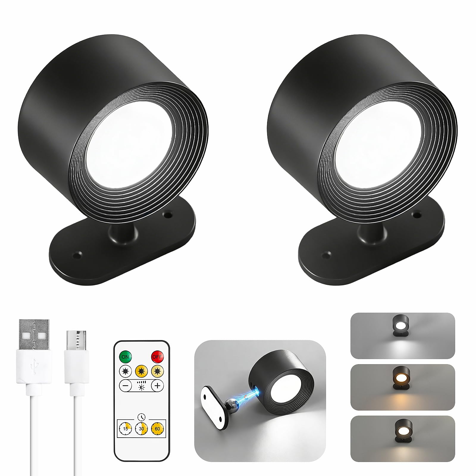 2 Pack Rechargeable Wall Lights, Cordless LED Wall Sconce with Remote, Magnetic Stick On Wall Lamp, 360° Rotatable, 3 Color Temperature & 10-Level Dimmable Battery Operated Wall Lights for Living Room
