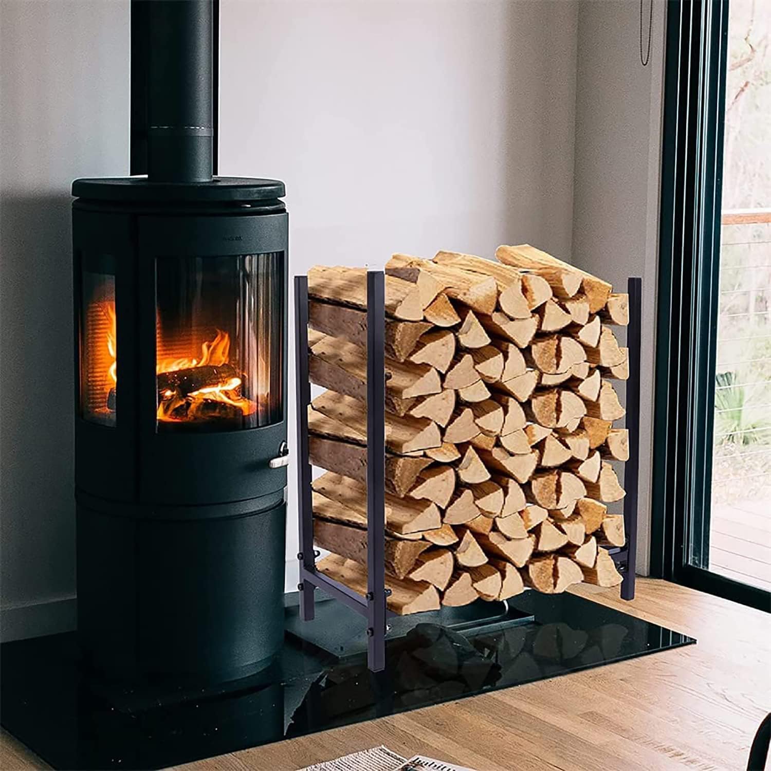 Firewood Rack Outdoor Log Storage Rack Firewood Wood Stacker for Fireplace or Fire Pit Steel Construction with Powder-Coated Bronze Finish.