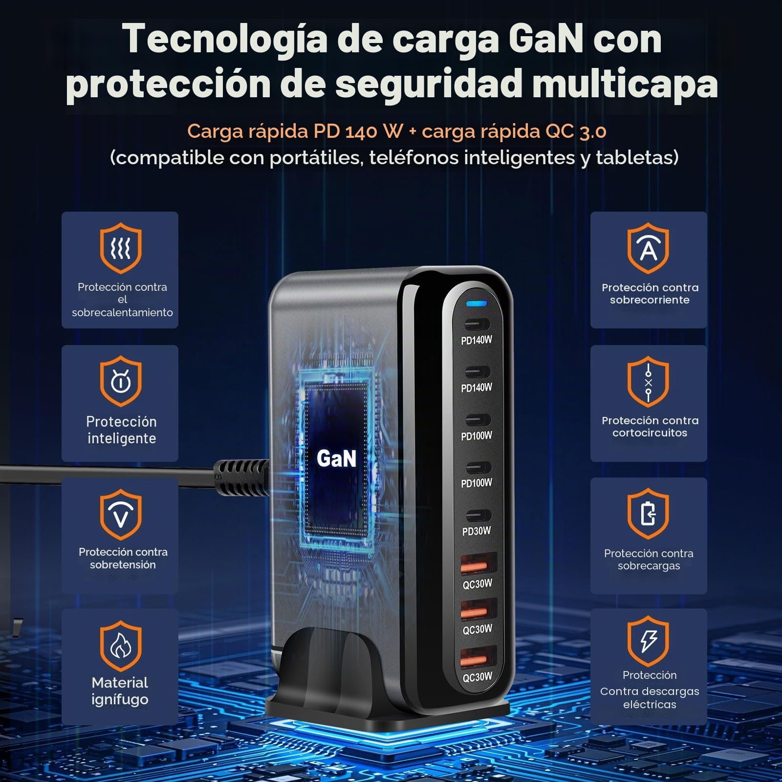 Cargador múltiple USB C de 600W, estación de Carga rápida de 8 Puertos con 6 -C y 2 -A PD PPS Cargador de 100W para MacBook Pro/Air, iPad Pro/Air, Sumsung etc-Negro