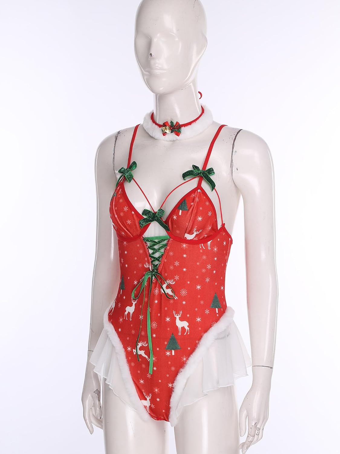 Sywiyi Women's Christmas Lingerie Set 2-Piece Xmas Printed Babydolls Chemises Teddy Bodysuit with Choker