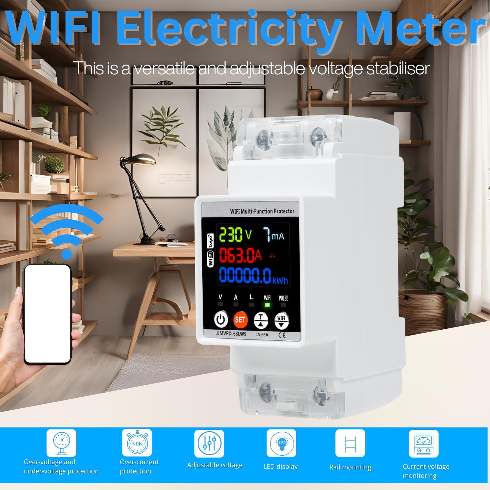 Jadeshay Stabilizzatore di Tensione 220v, 63A 230v Dispositivo di Protezione da Sovratensione Misuratore Consumo Elettrico WiFi su Guida DIN con Schermo a Colori(WiFi)