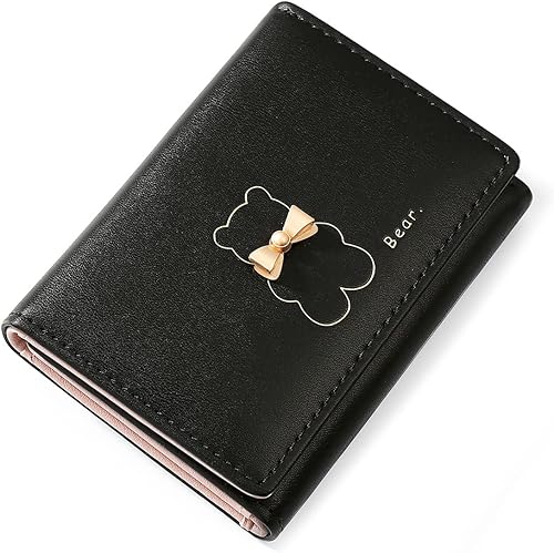 Billetera pequeña para mujer, diseño de oso de dibujos animados, triple pliegue, pequeña y delgada, 2-Bear Black, Bonito, triple, pequeño