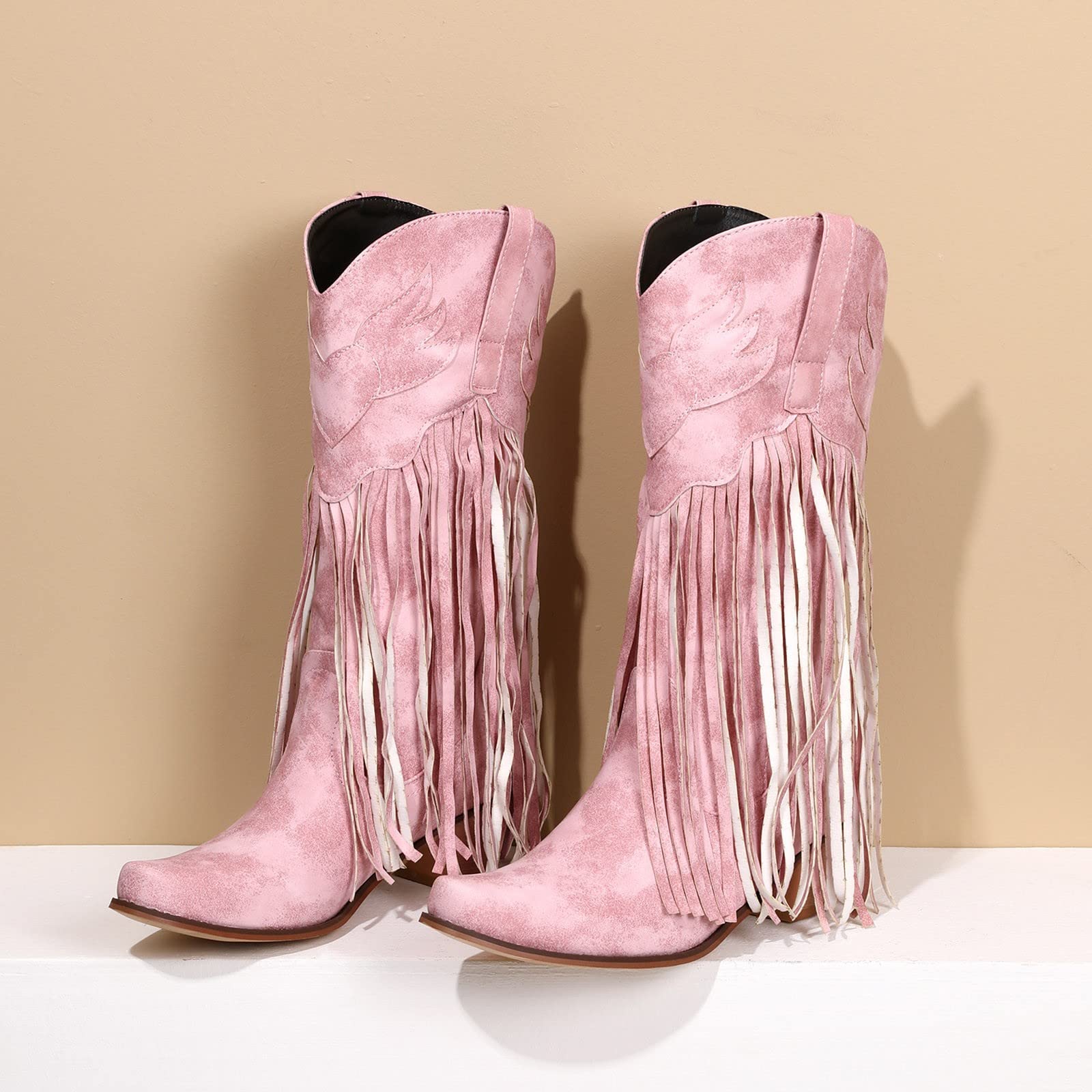 Stivali da Donna Comodi Stivali con Tacco Grosso Stivali a Punta con Frange Stivali al Ginocchio Occidentali Stivali Medi Scarpe Gomma Pioggia Stivali Campagna 38