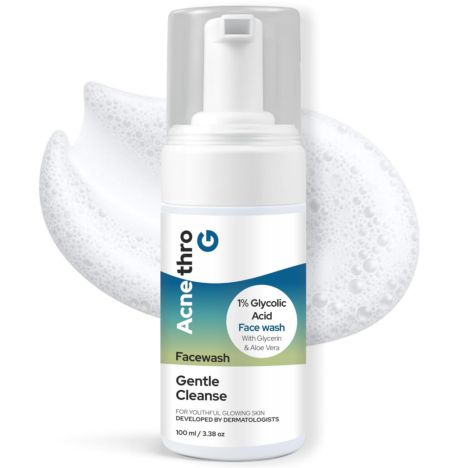 Acnethro G Foaming Face Wash with 1% Glycolic Acid, Aloe Vera & Glycerin – 100ml | Gentle Exfoliating Daily Cleanser for Hydrated & Refreshed Skin | Face Wash for Men & Women