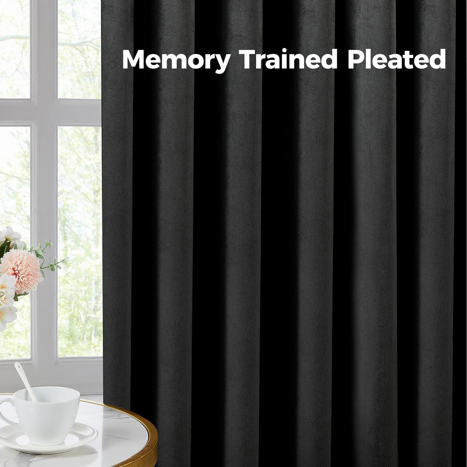 Pinch Pleated 100% Blackout Curtains for Bedroom, Black Velvet Curtains for Living Room, Black Out Curtain 84 inch Long Room Darkening, Blackout Pinch Pleat Drapes with Hooks 2 Panels