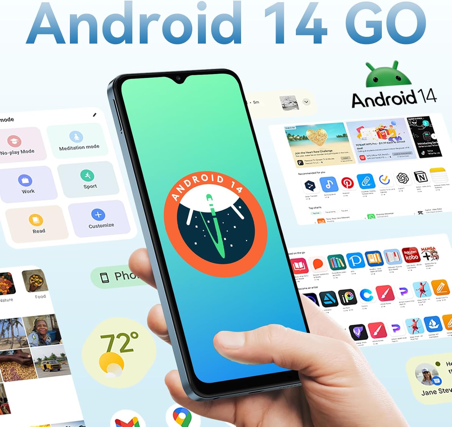Screenshot of the OSCAL FLAT 2C running Android 14 Go, showcasing features like Focus Mode App, Autofill with Google, Atomized Memory 2.0, F2FS (Flash Friendly File System) for faster app startup, and Set Privacy Boundaries.