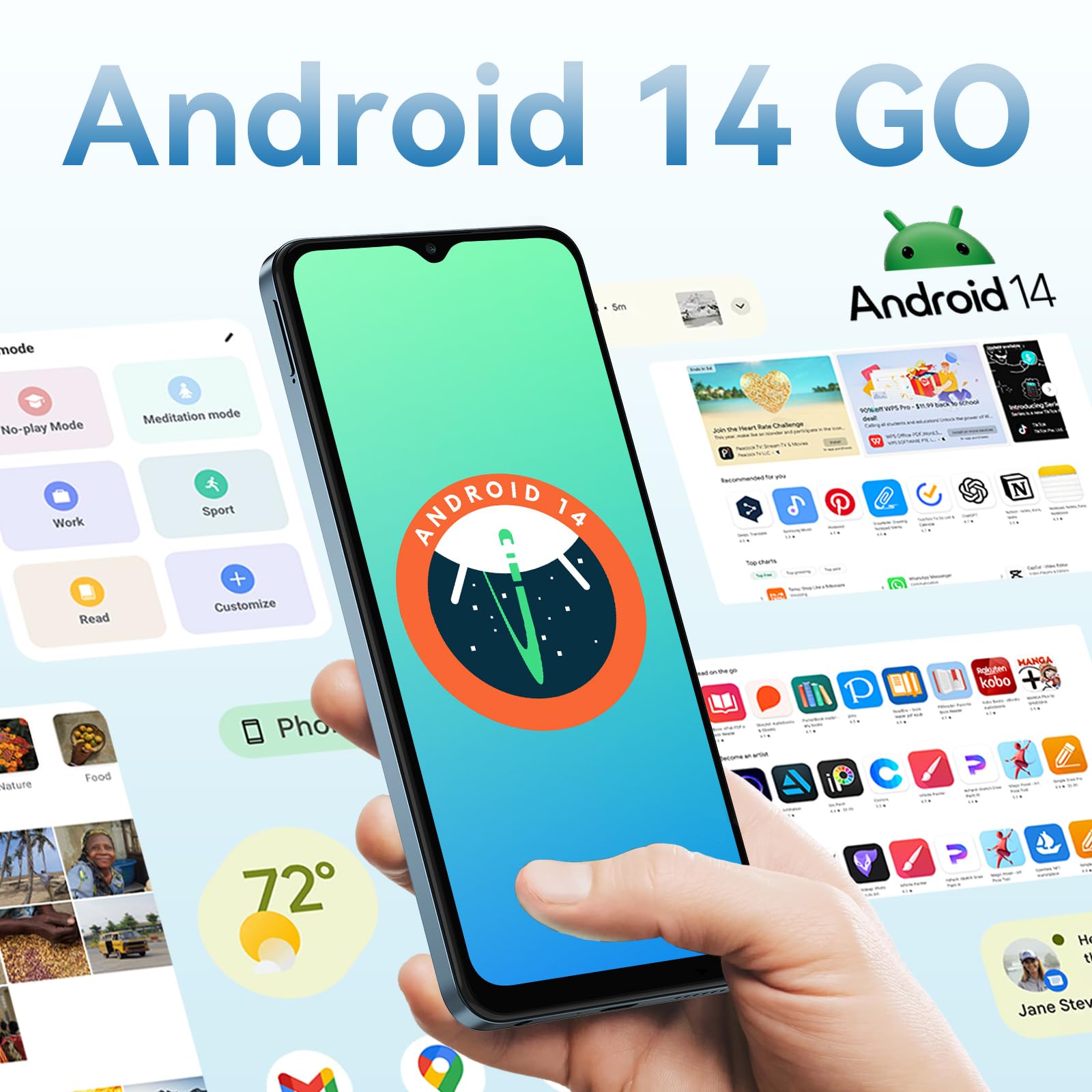 Telephone Portable Android, 6Go+64Go/TF 2To, Octa Core, Écran 6.56" HD+, Batterie 5000mAh Smartphone, 13MP+8MP, Smartphone Pas Cher 4G Dual SIM, Face ID/GPS/3Ans De Garantie - Bleu