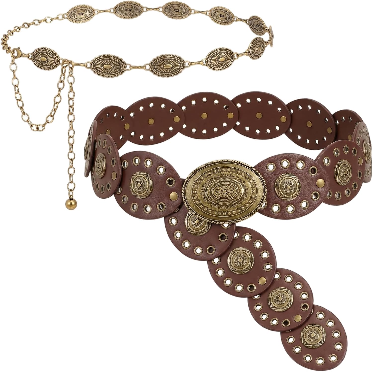 2 Pcs Boho Belt for Women, Vintage Bohemia Waist Chain Belt and Western Cowgirl Cowboy Concho Leather Belt for Dress