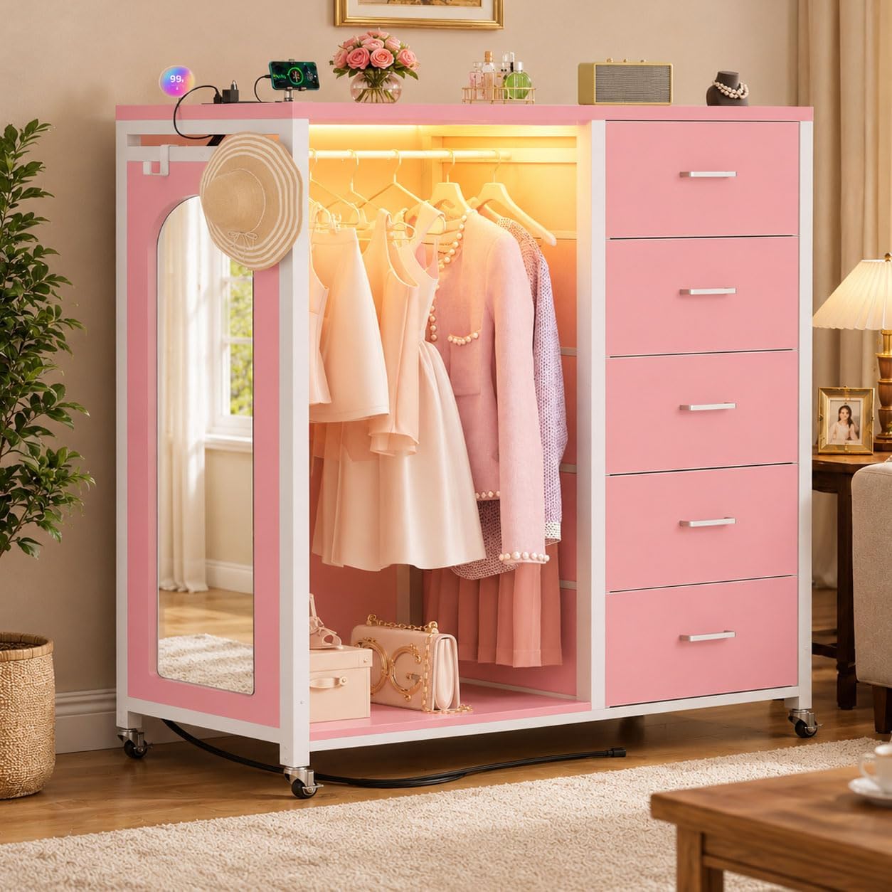 Cyclysio Clothes Rack with 5 Drawers and Mirror
