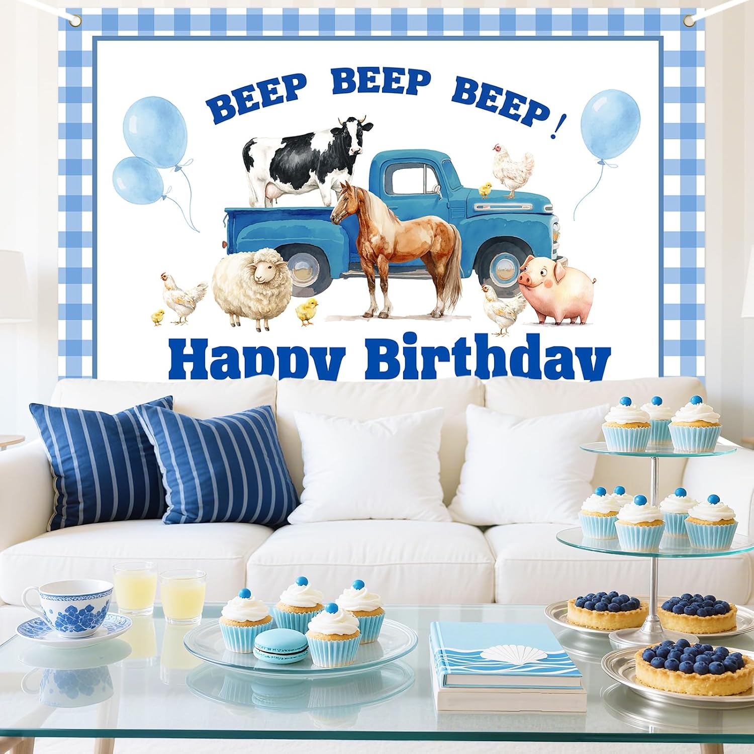 Little Blue Truck Birthday Backdrop Farm Animal Birthday Decorations Beep Beep Beep Blue Truck Photography Background for Kids Farm 1st 2nd 3rd Birthday Party Decor Supplies 5×3ft image 3