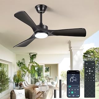 Black Ceiling Fan with Light: 42-Inch Ceiling Fan 3 Blades Low Profile Outdoor - Modern Ceiling Fans with Remote APP Control Quiet Reversible DC Motor for Patio Living Room
