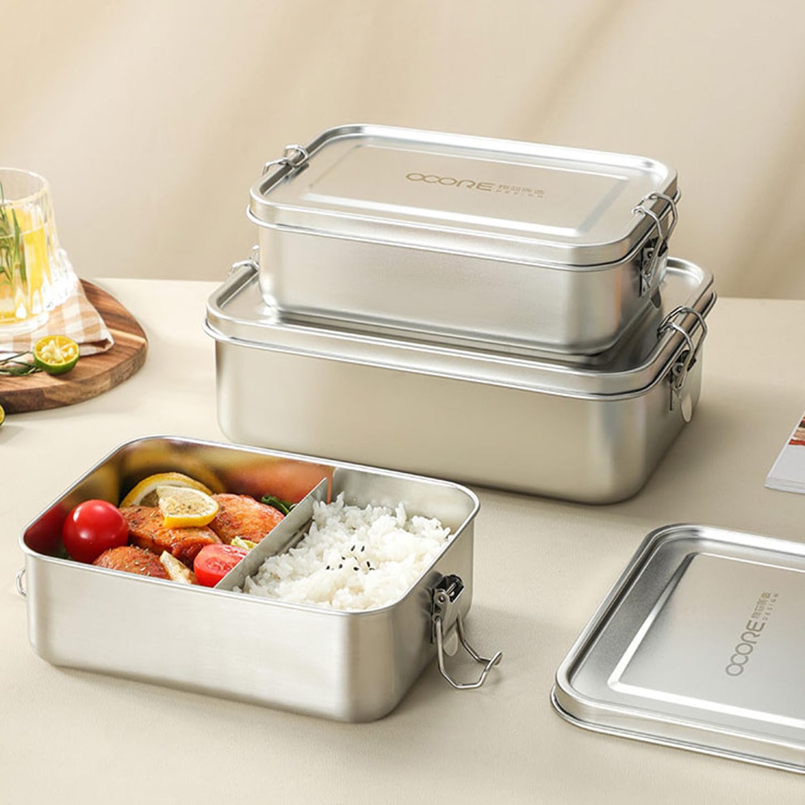 BORDEAG Lunch Box In Acciaio Inox,850ml+1400ml Contenitore Per Il Pranzo In Acciaio Inox Con 2 850ML+2 1400ML Partizione Rimovibile,Lunch Box Acciaio Inossidabile Per Bambini E Adulti