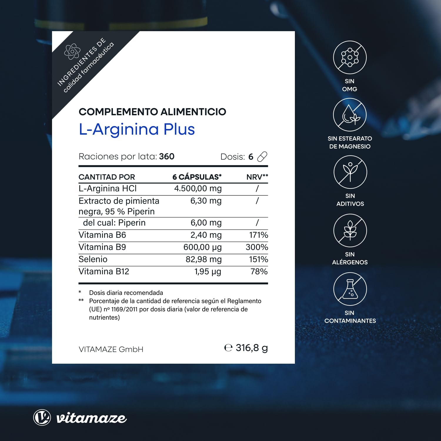 L Arginina 4500mg con Ácido Fólico, Selenio, Piperina y Vitaminas B6, B12, 360 Cápsulas de L-Arginina Pura para Rendimiento Físico, Sin Aditivos Innecesarios, Calidad Alemana