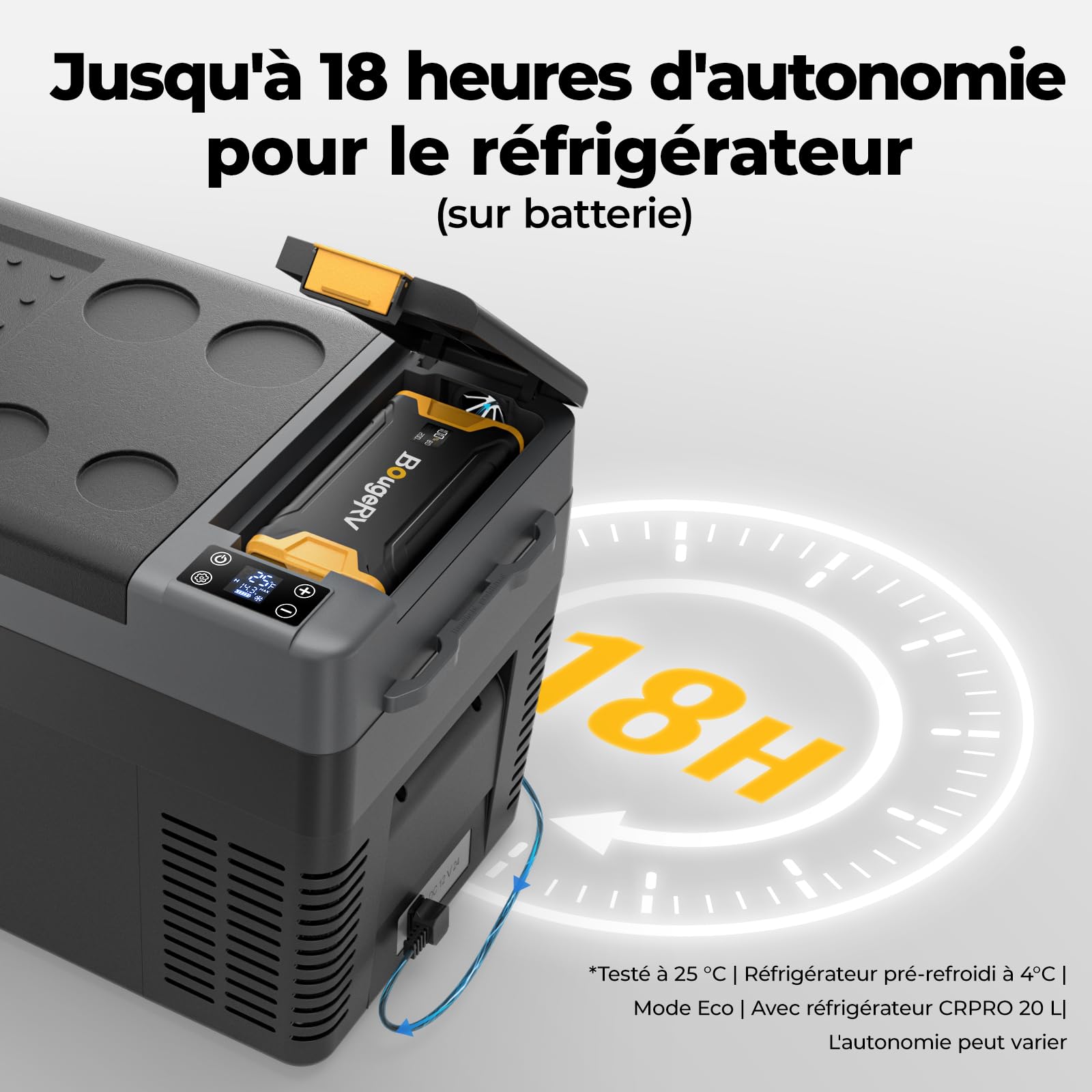 BougeRV CRPRO 20L Glacière à Compresseur avec batterie 266Wh, -22℃~10℃