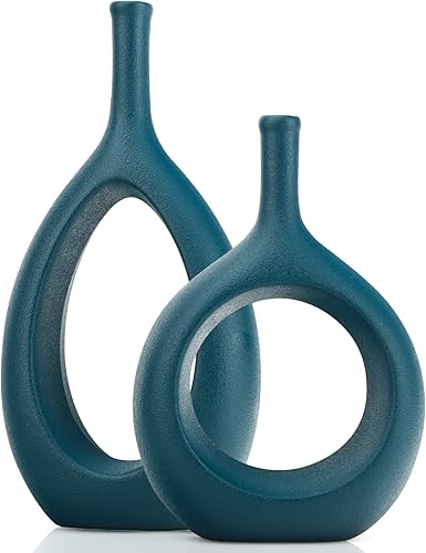 Miniatura 9 de Juego de 2 jarrones elípticos huecos de cerámica verde  Florero circular bohemio con agujero, para decoración moderna de mesa verde, decoración de