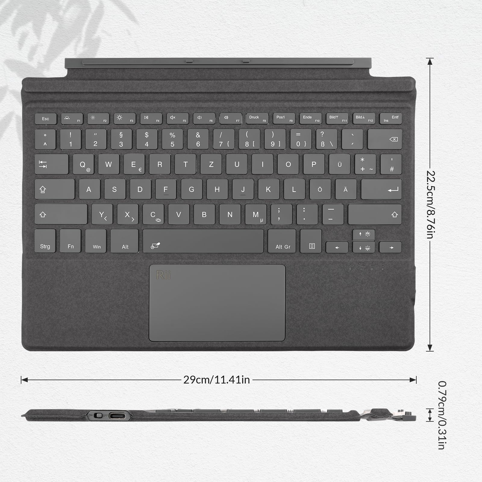 Rii Surface Tastatur für Surface Pro 7 Plus/7/6/5/4/3, Bluetooth 5.2 Mit Touchpad und 7-Farbiger Hintergrundbeleuchtung - Grau (QWERTZ, Deutsches Layout)