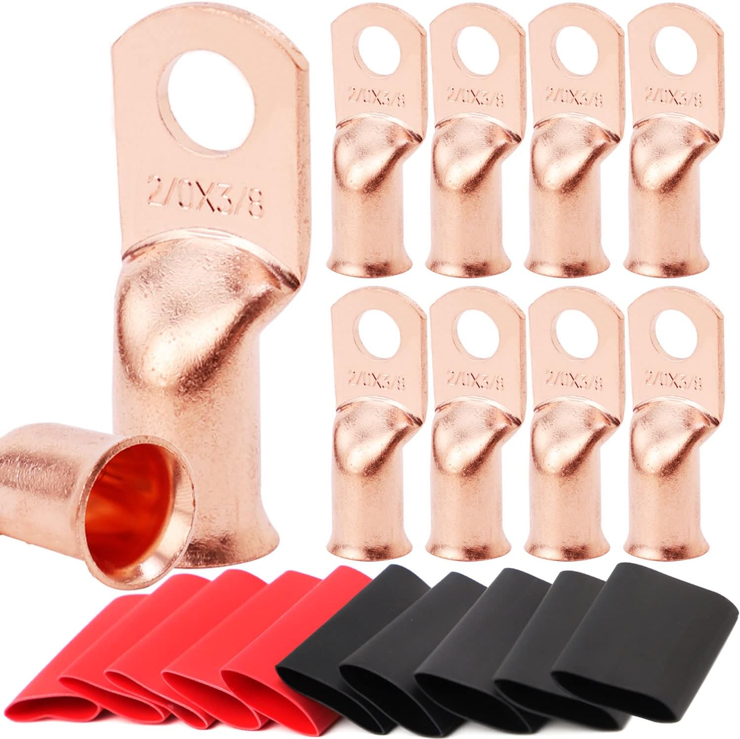 TKDMR 10Pcs 2/0 Awg-3/8" Wire Terminals Ring Terminal Connectors, Heavy Duty Battery Cable Wire Electric Eyelets with 10Pcs 3:1 Retractable Double Thermal Wall Sticker