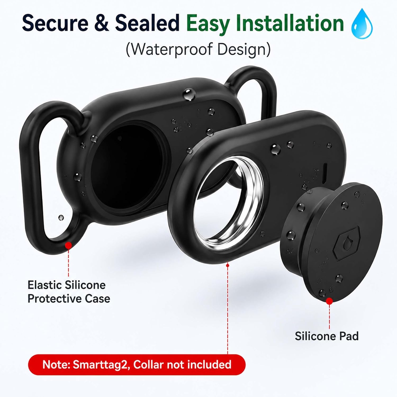 Dog Collar Holder(2 Pack) for Galaxy Smarttag2, Waterproof Silicone Case for Pet Cat, Anti-Lost Scratch Resistant Protective Cover Accessory for Samsung Galaxy Smart tag2 (Black)