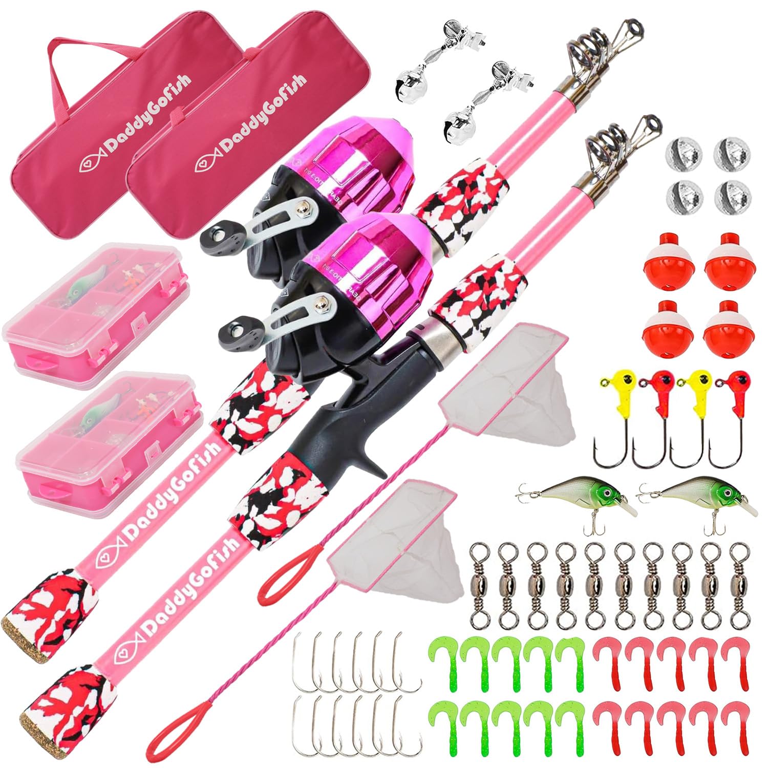 DaddyGoFish Kids Fishing Pole - Rod Reel Combo Tackle Box Starter Set - First Year Small Gear Kit for Boys Girls Toddler Youth Age Beginner Little Children (Essential Set, Pink + Pink, 5ft)