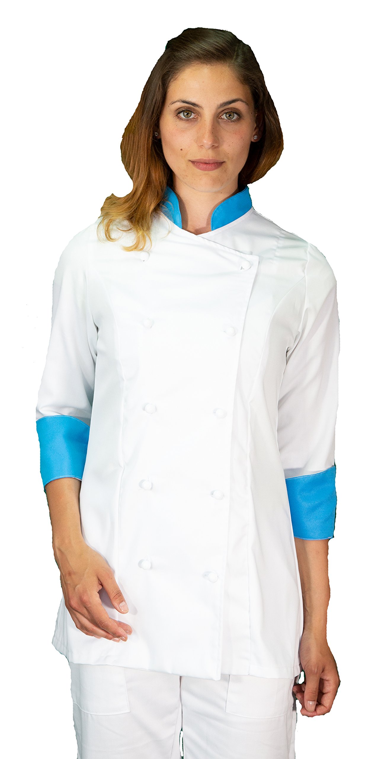 Ricamo Gratuito - Completo Cuoco da Cucina - Bianco e Ciano - Divisa Chef Donna - Pantalone, Giacca e Grembiule - Made in Italy