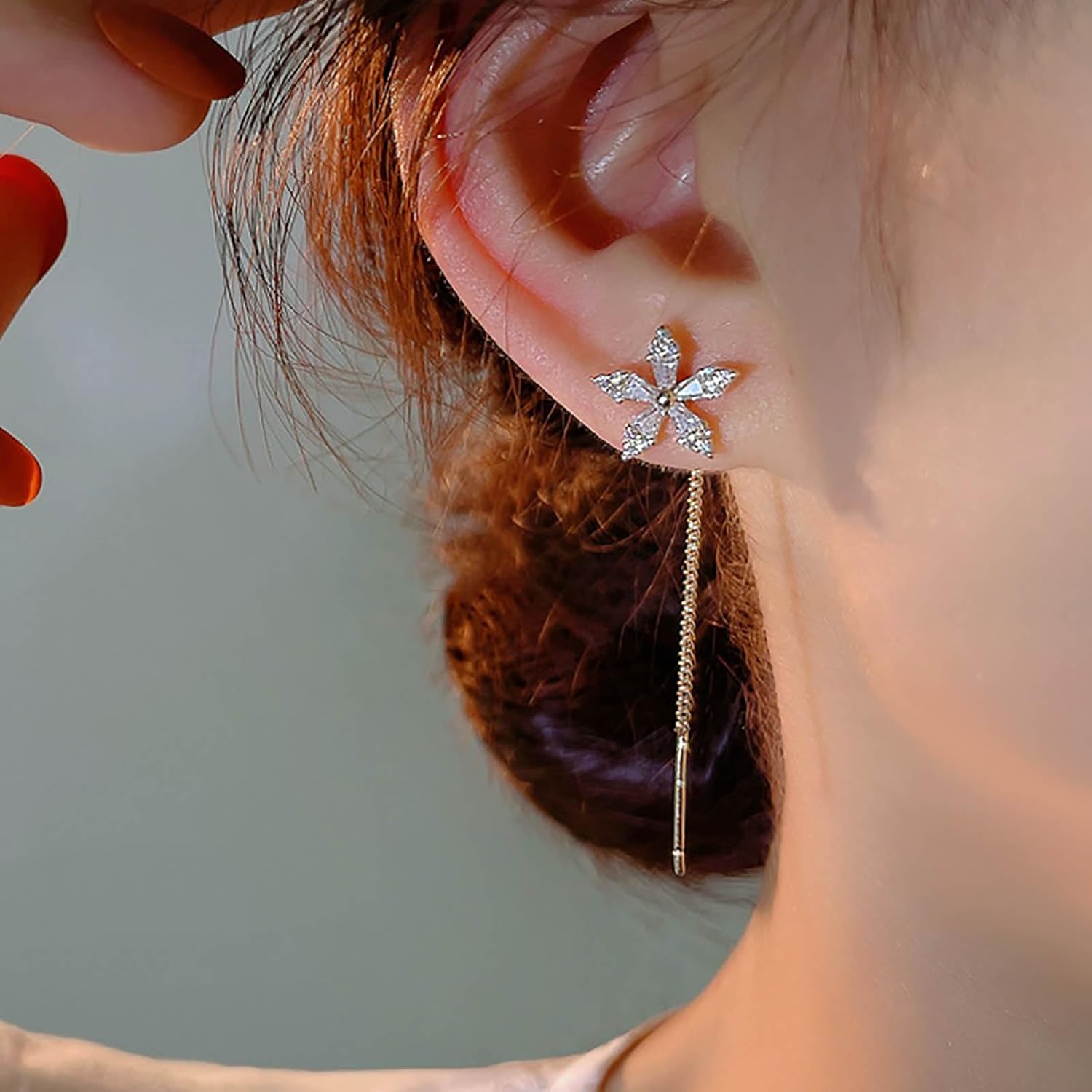 Boho Crystal Flower Threader Earrings Long Tassel Threader Dangle Earrings Gold CZ Flower Earrings Long Chain Pull Through Earrings Jewelry for Women - Image 3