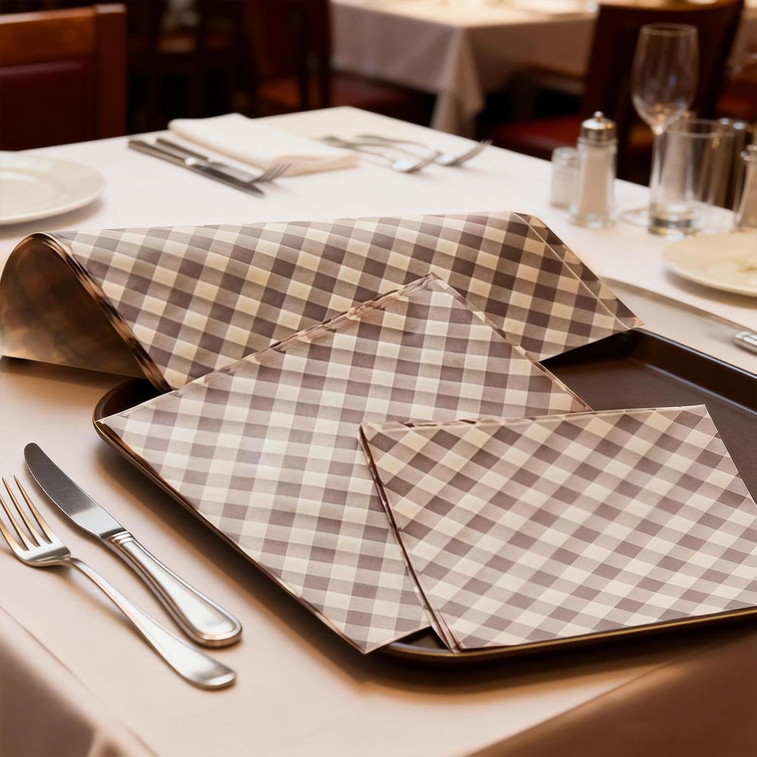 100Pcs Brown Checkered Waxed Deli Paper Sheets,7.1x7.1 in Greaseproof Food Basket Liners & Sandwich Wraps,Tray Parchment Liners for Serving Food,Picnics,Restaurants & Party Table Decor