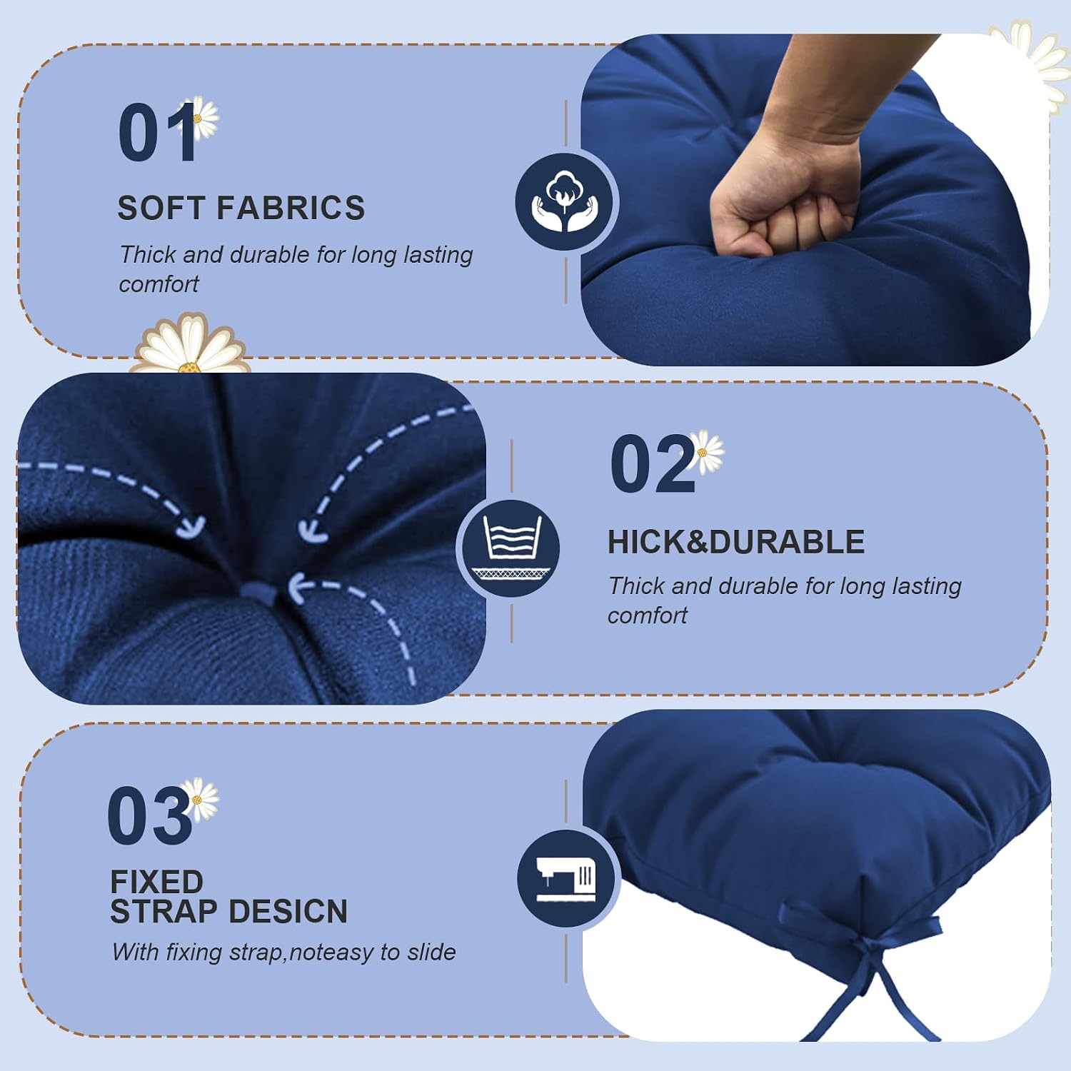 Porch Swing Cushions, Swings Replacement Cushion 2-3 Seater Replacement with Backresk, Outdoor Thickened Patio Swings Cushion for Patio Furniture with Ties 60×40"(Blue